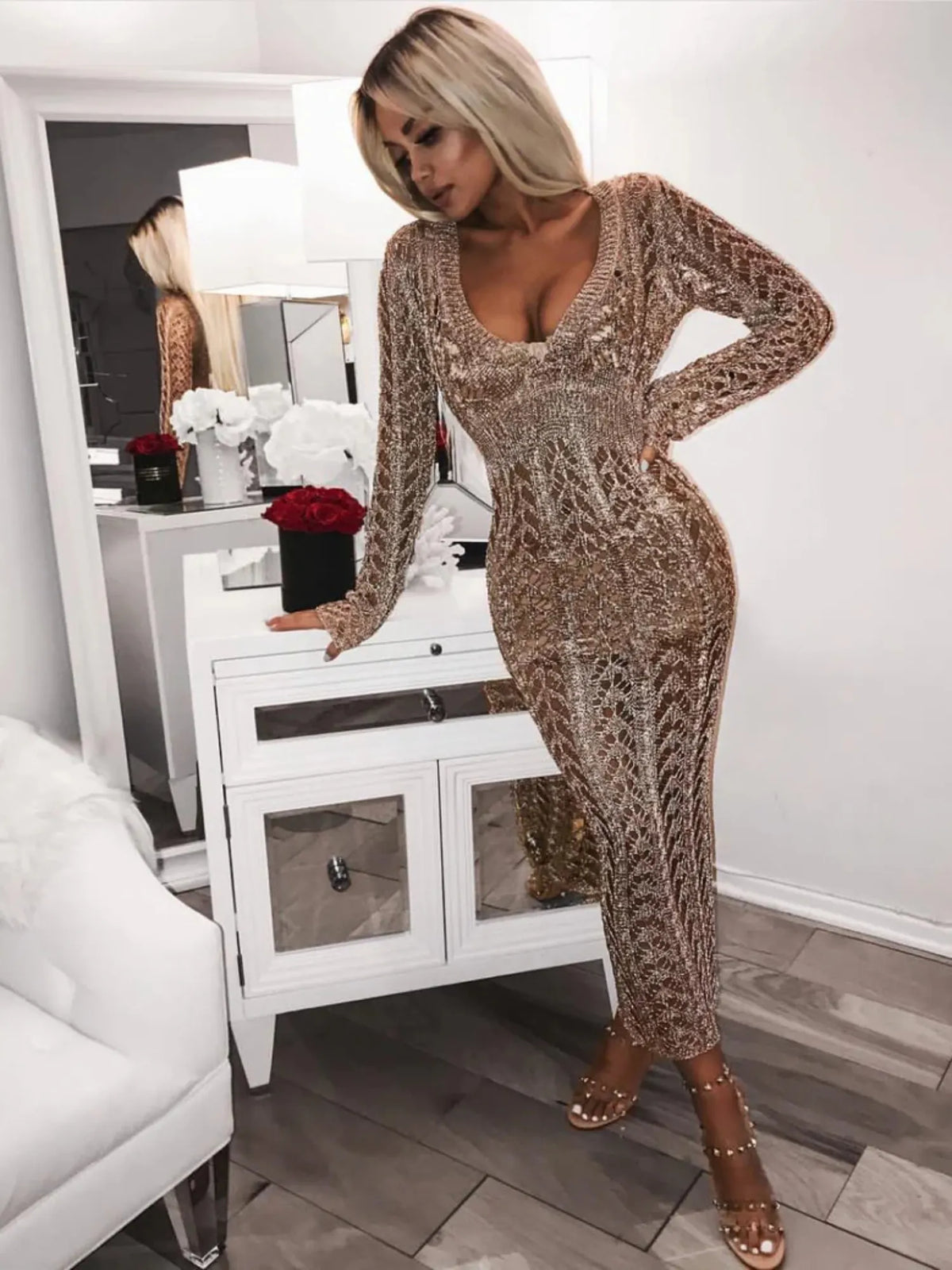 Aurelia Crochet Plunge Midi Dress