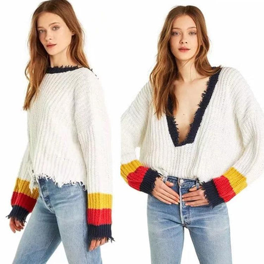 Solid Color Long Sleeve Deep V Neck Tassels Sweater