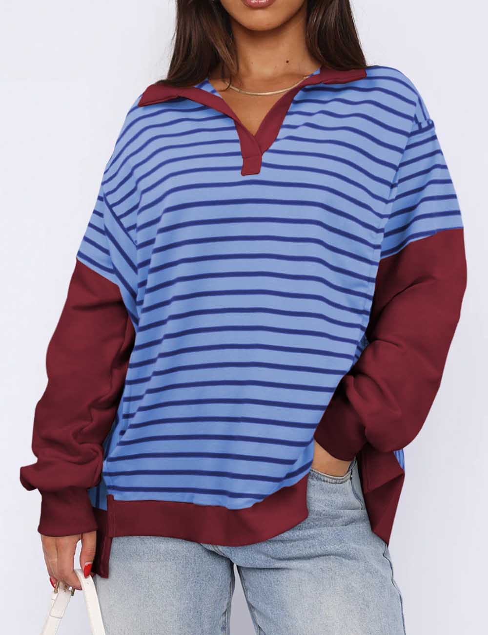 Minimalist Lapel Collar Striped Color Block Top