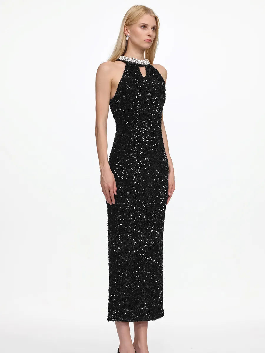 Naomi Elegant Contour Halter Pearl Sequin Maxi Dress
