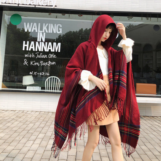 Ethnic Style Cape Shawl Women'S Cape With Hat Thickened Warm Tibetan Scarf Cape Jacket