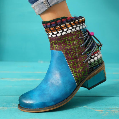 National Wind Round Toe Ankle Heels Shoes Mid-Heel Boots