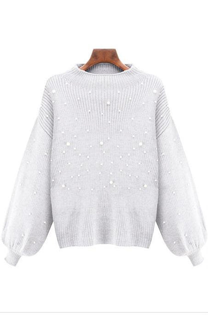 Casual Autumn Turtleneck Beading Knitted Pearl Pullover