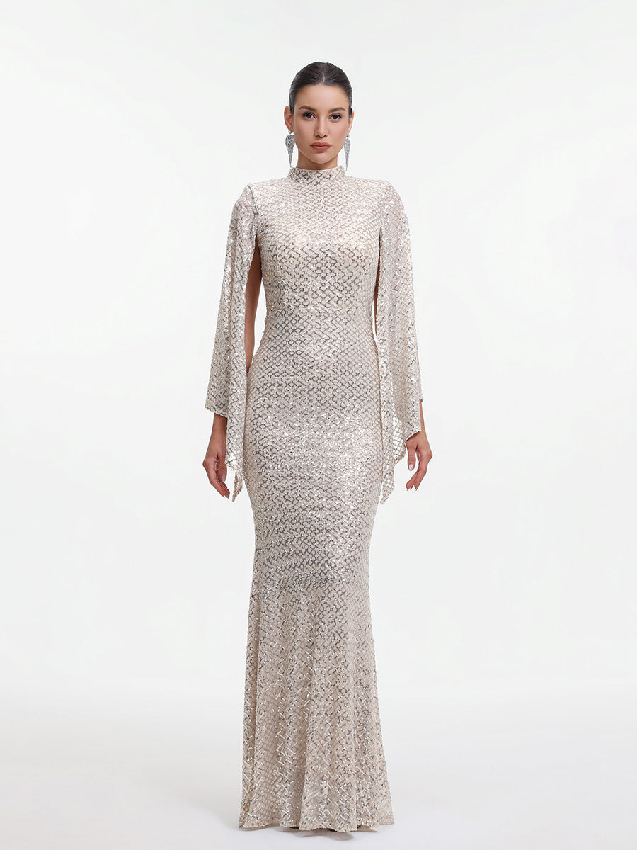 Marcella Contour Cape Sleeve Sequin Maxi Dress