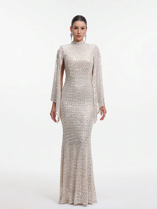 Marcella Contour Cape Sleeve Sequin Maxi Dress