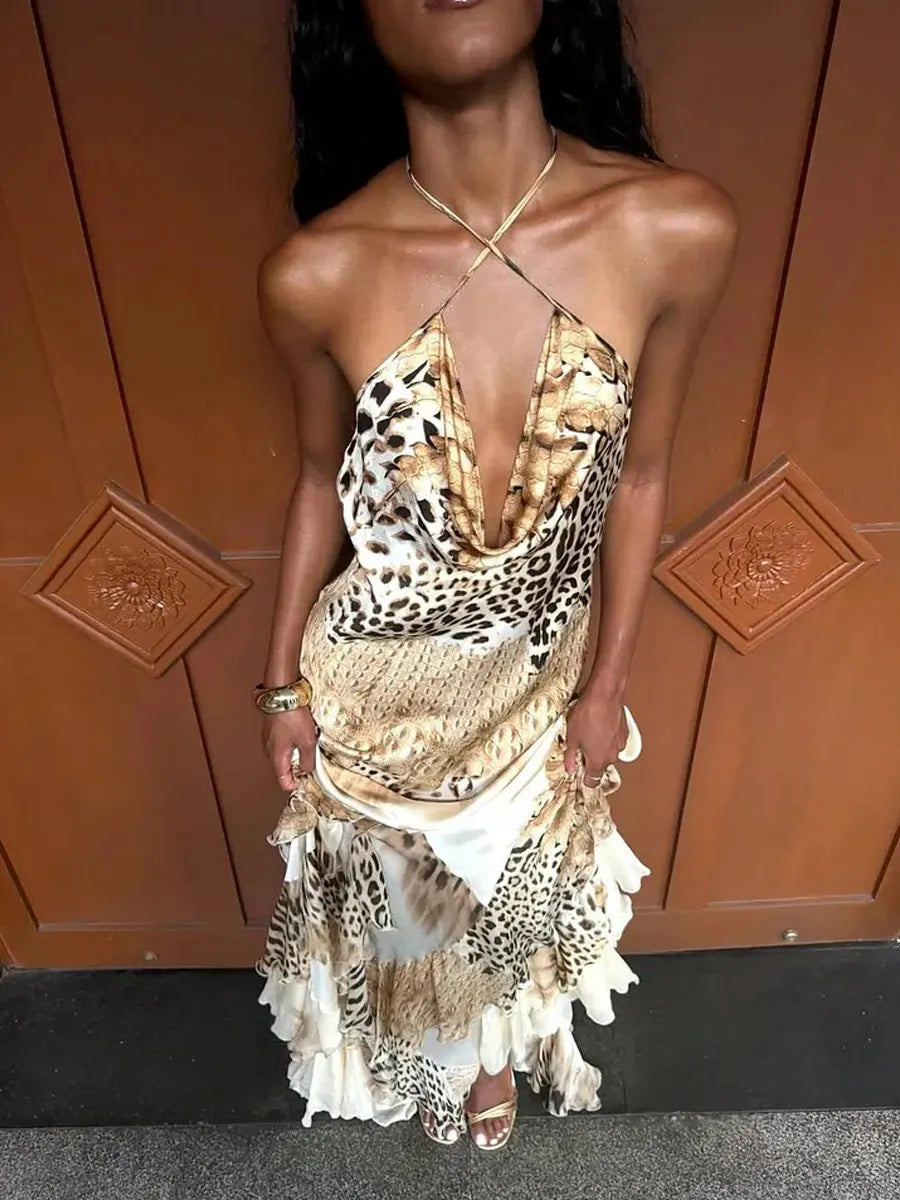 Willow Leopard Print Halter Ruffle Maxi Dress