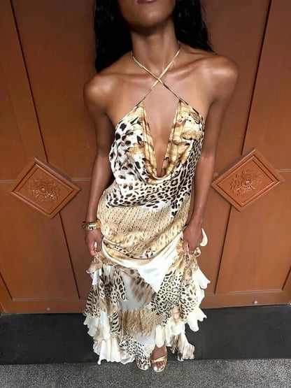 Willow Leopard Print Halter Ruffle Maxi Dress