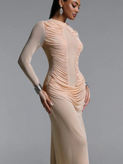 Naomi Ruched Mesh Long-Sleeve Maxi Dress
