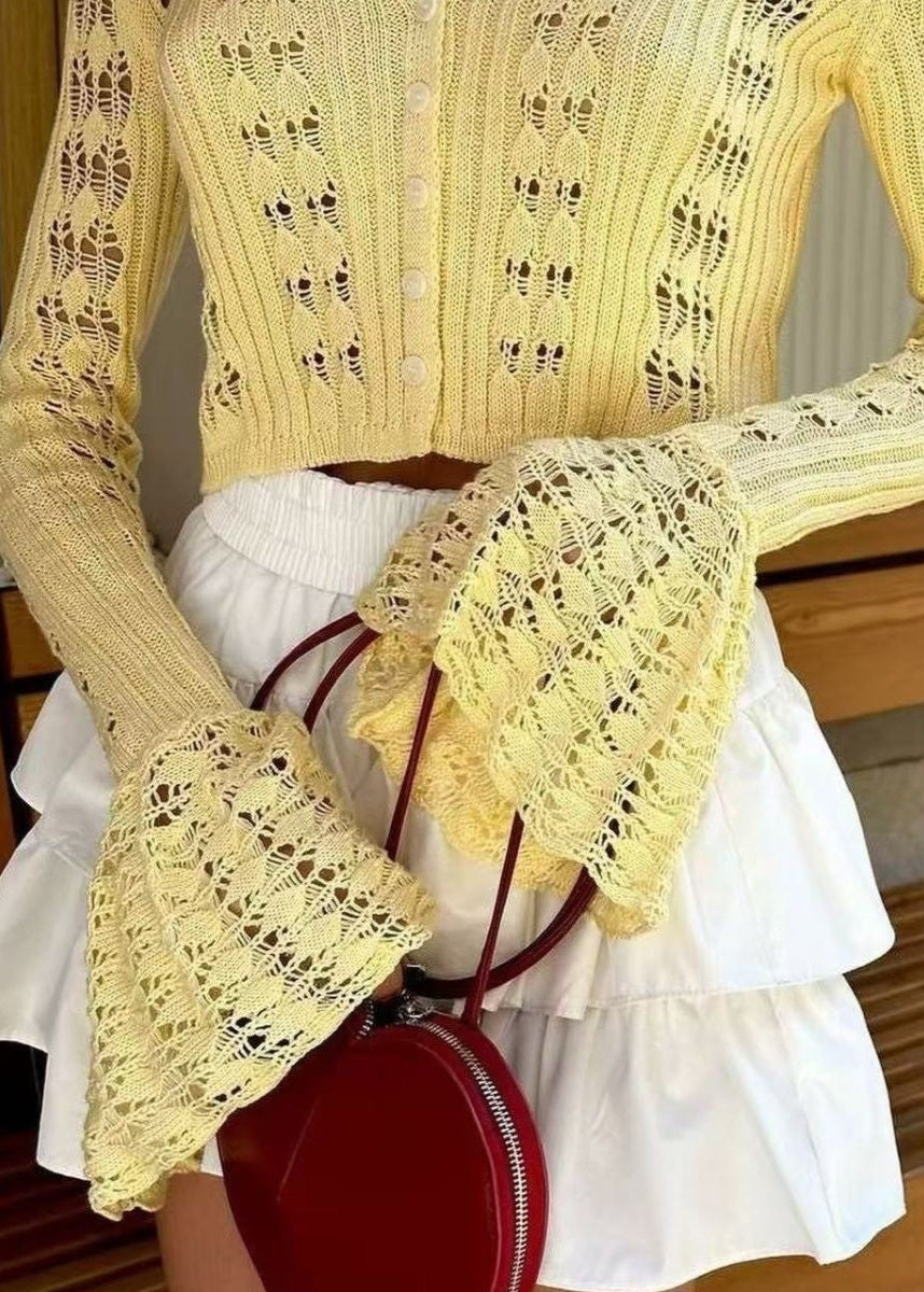 Open Knit Acrylic Cropped Cardigan With Buttons