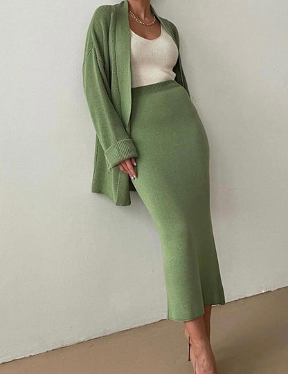 2 Pcs Solid Color Cardigan Sweater Skirt Set