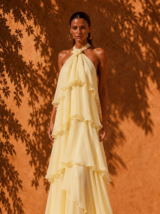 Luna Layered-Detail Backless Asymmetrical Maxi Dress