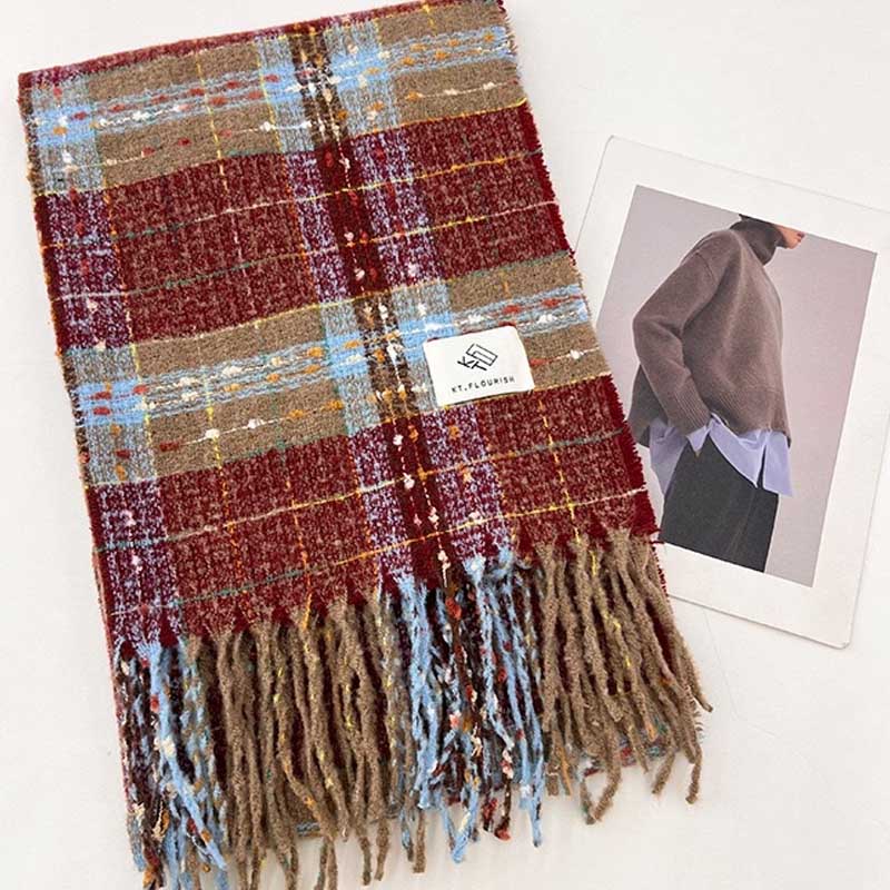 Christmas Warm Color Block Plaid Tassel Scarf
