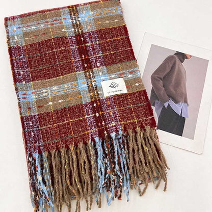 Christmas Warm Color Block Plaid Tassel Scarf