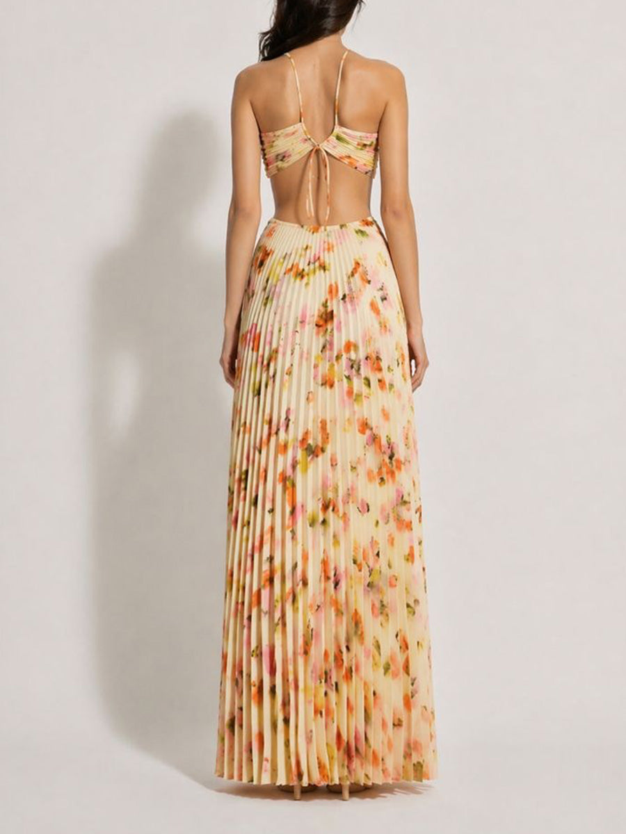 Lila Halter-Neck Pleated Printed Maxi Dress