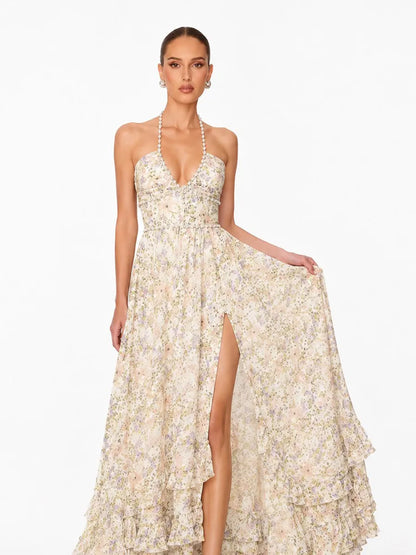 Anika Pearl-Embellished Halter-Neck Ruffled Slit Maxi Dress