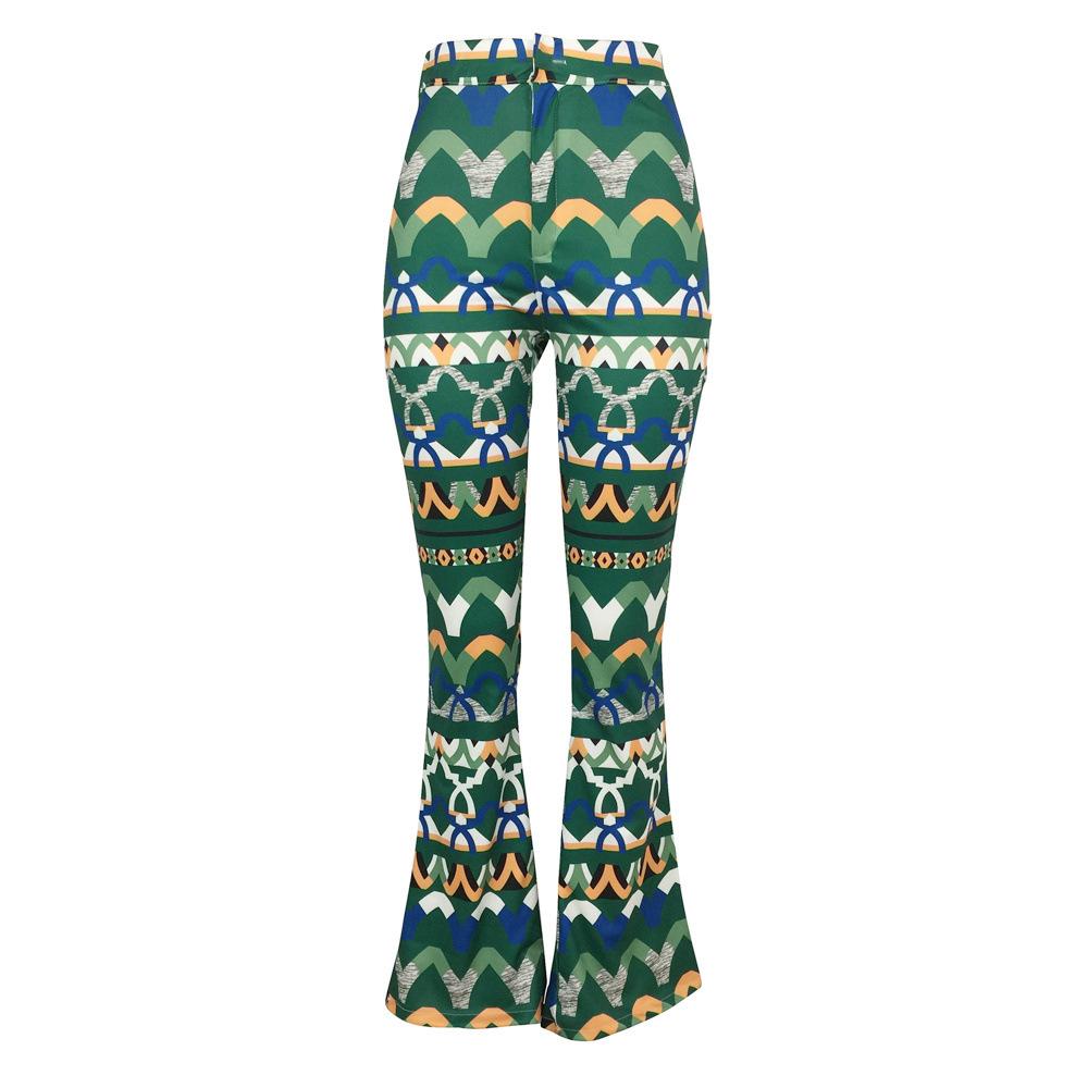 Yt3073 Fashionable Floral Print Green Leisure Pants Women'S Printed Micro Trumpet Trousers