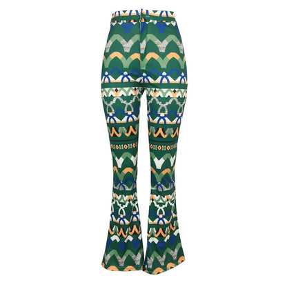 Yt3073 Fashionable Floral Print Green Leisure Pants Women'S Printed Micro Trumpet Trousers