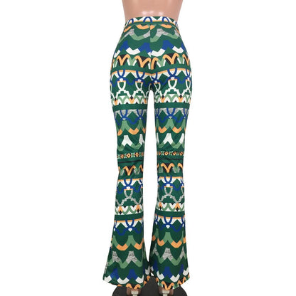 Yt3073 Fashionable Floral Print Green Leisure Pants Women'S Printed Micro Trumpet Trousers