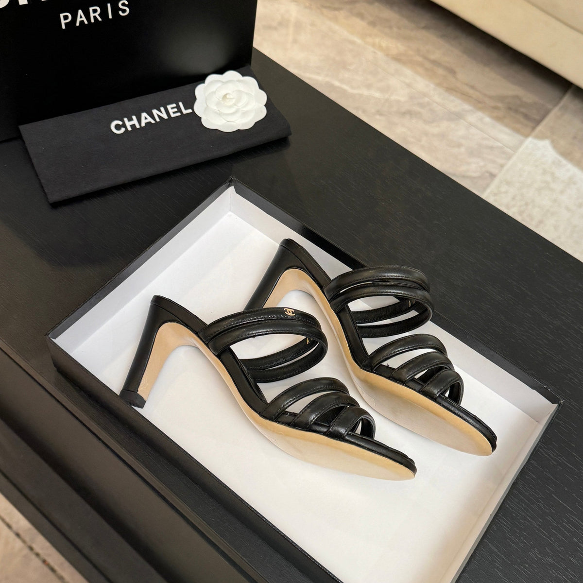 CC 26C Double C Strap Sandals Black Sheepskin