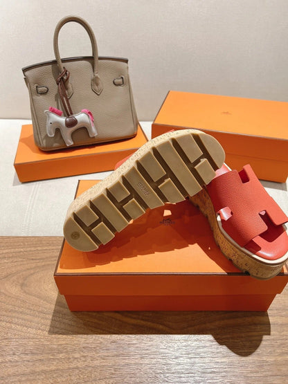 HM 25S HIGH WEDGE SANDALS IN DARK ORANGE LAMBSKIN STYLE 33