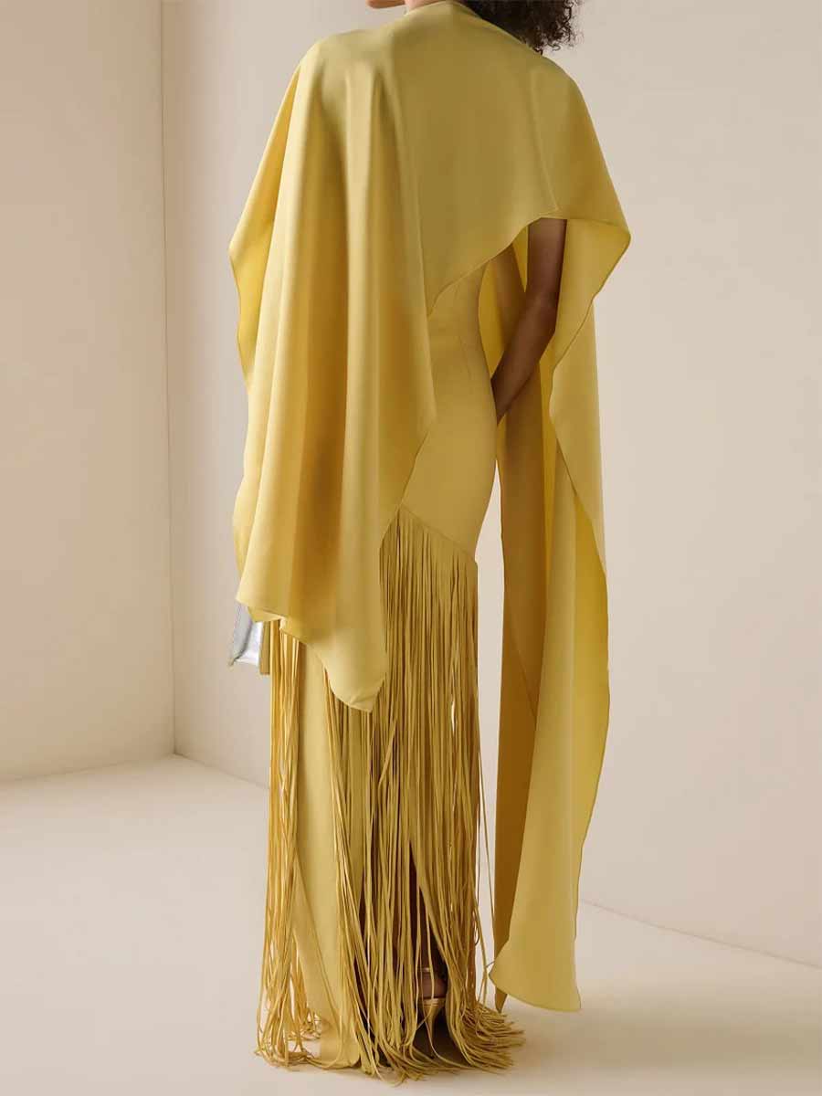 Ariana Solid Satin Tassel Maxi Dress With Cape