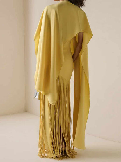 Ariana Solid Satin Tassel Maxi Dress With Cape