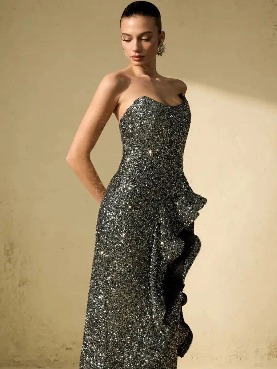 Celestine Sparkle Sequin Asymmetric Ruffle Maxi Dress