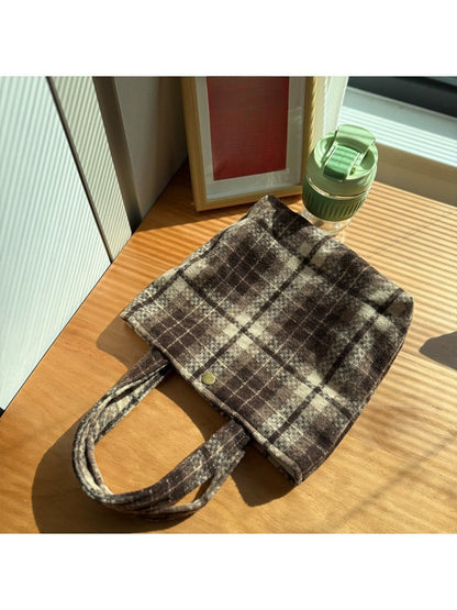 Cosbai - Vintage Canvas Shoulder Bag with Plaid Patterns