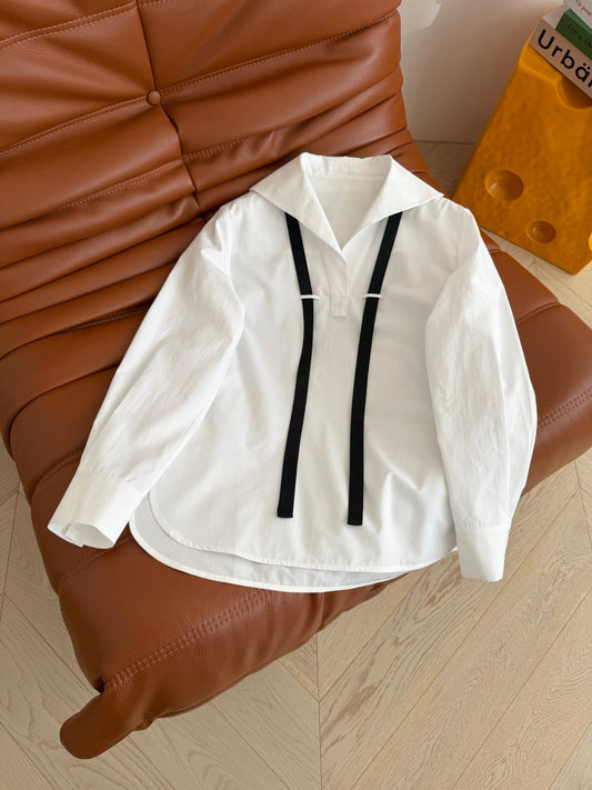 Prada Plain Shirt Doll Collar White Black Cotton 337467