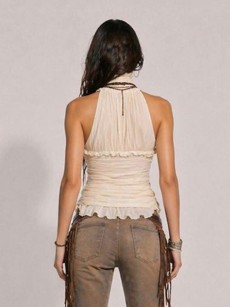 Daria High-Neck Sleeveless Ruched Top
