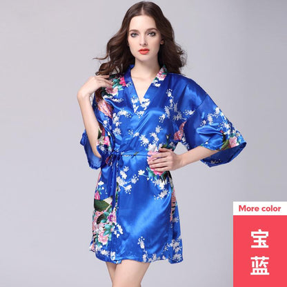Silk Nightgown Women'S Summer Mid Sleeve Peacock Pajamas Bathrobe Large Size Home Clothes 2