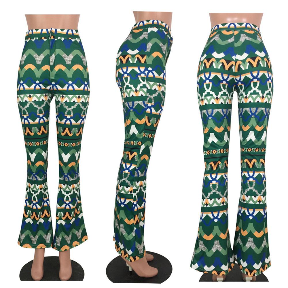 Yt3073 Fashionable Floral Print Green Leisure Pants Women'S Printed Micro Trumpet Trousers