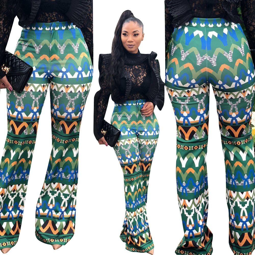 Yt3073 Fashionable Floral Print Green Leisure Pants Women'S Printed Micro Trumpet Trousers
