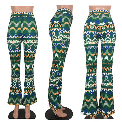 Yt3073 Fashionable Floral Print Green Leisure Pants Women'S Printed Micro Trumpet Trousers