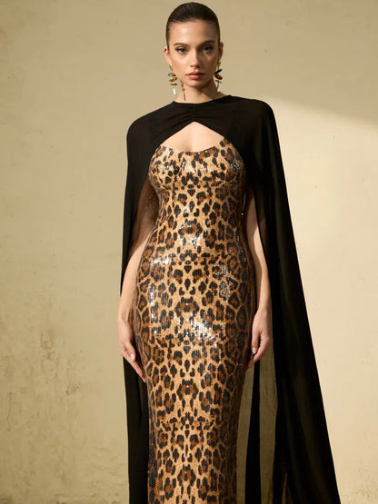Celestia Leopard Print Sequin Maxi Dress & Cape Set