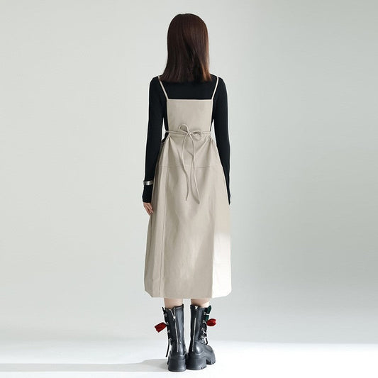 Cotton Polyester Sleeveless Dress Tied Waist Lace Collar