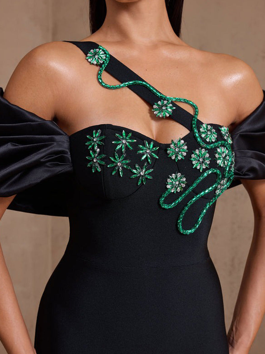 Ines Green Vine Crystal Floral Bandage Maxi Dress