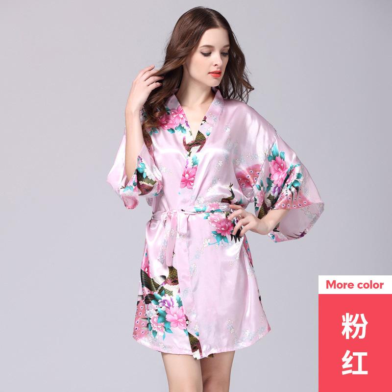 Silk Nightgown Women'S Summer Mid Sleeve Peacock Pajamas Bathrobe Large Size Home Clothes 2