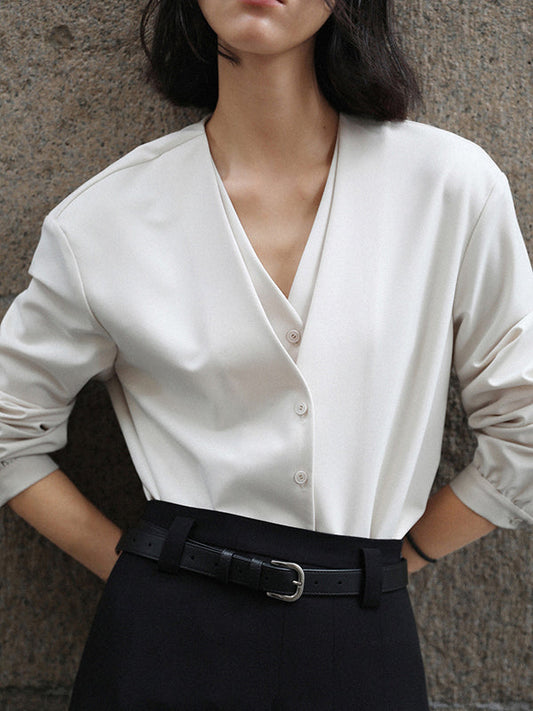 Solid Color V-Cut Double Layered Buttoned Retro Long Sleeves Blouses