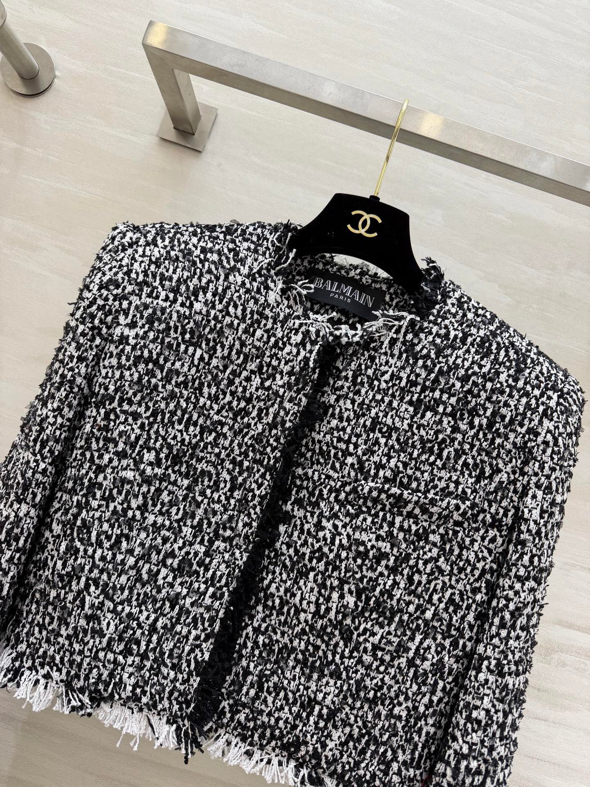 Balmain Short Jacket Black White Tweed 344762