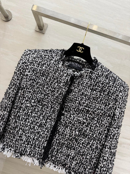 Balmain Short Jacket Black White Tweed 344762