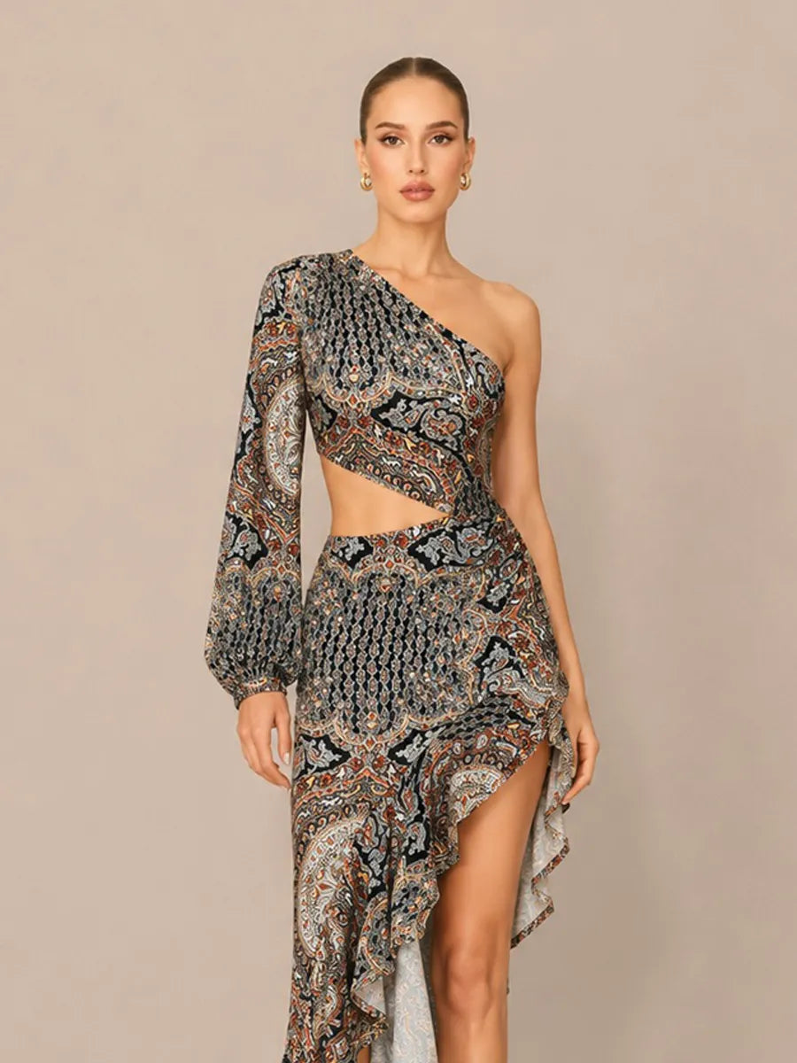 Cassidy Floral Asymmetric One-Shoulder Ruffled Maxi Dress
