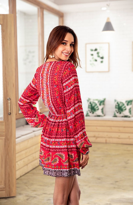 Bohemia Long Sleeve V-Neck Floral Tassel Mini Dress