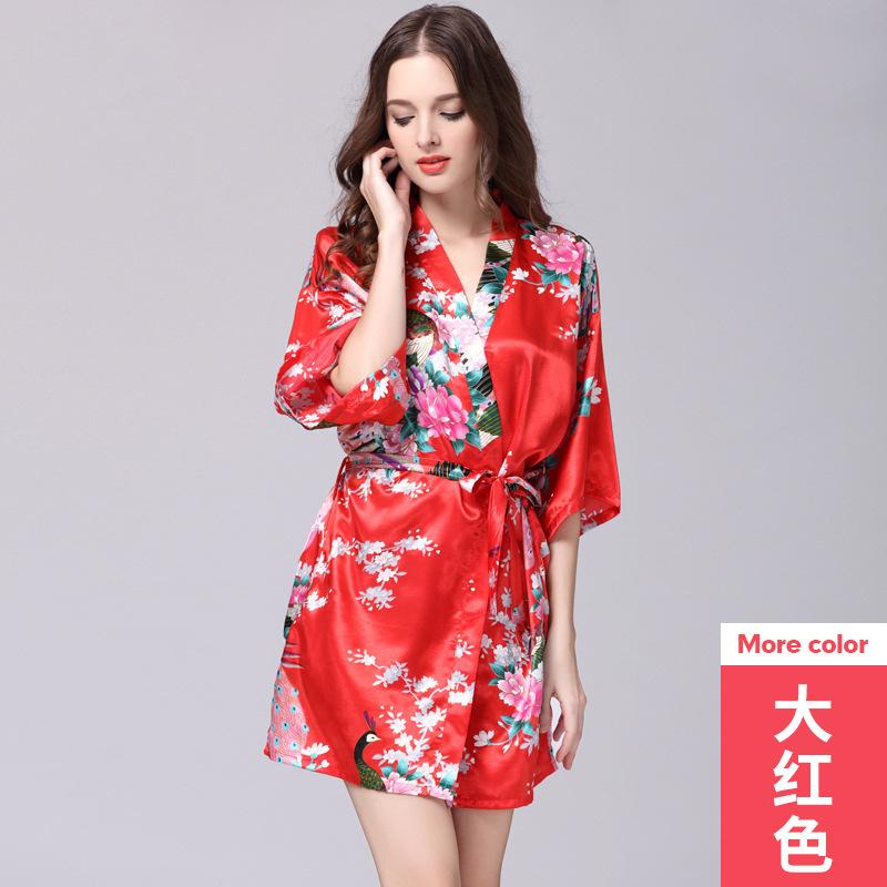 Silk Nightgown Women'S Summer Mid Sleeve Peacock Pajamas Bathrobe Large Size Home Clothes 1