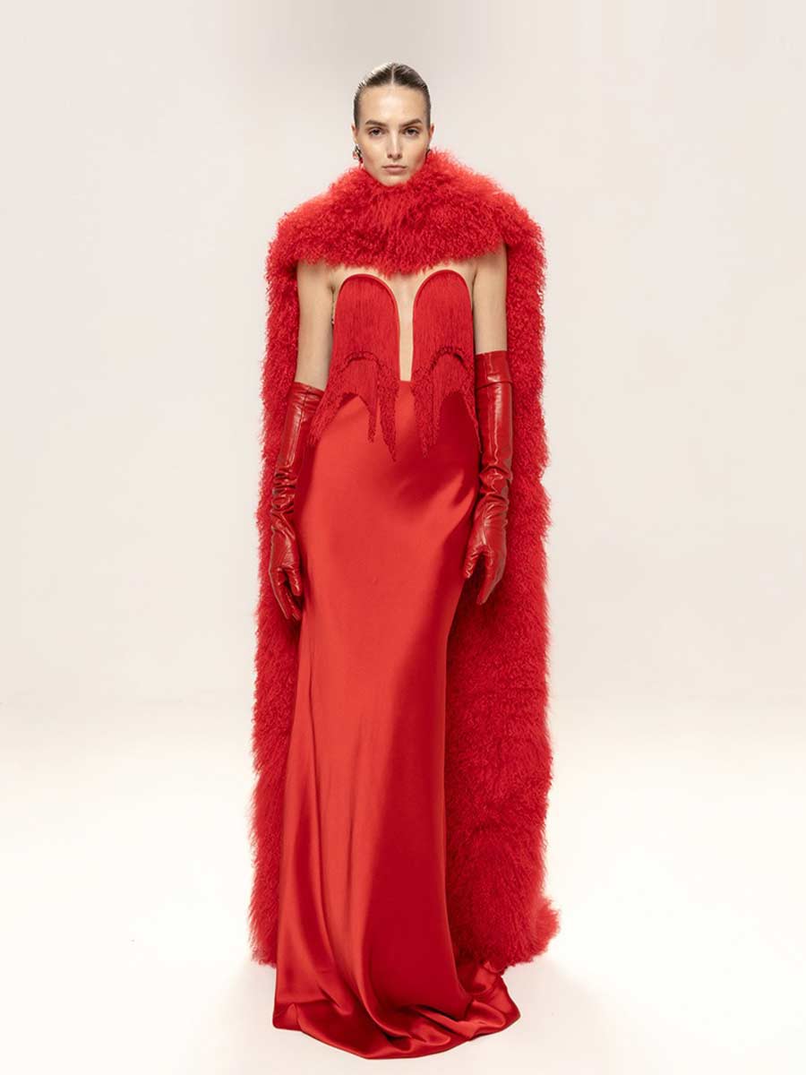Elina Strapless Fringe Maxi Dress with Fur Collar