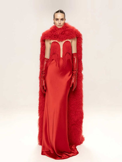 Elina Strapless Fringe Maxi Dress with Fur Collar