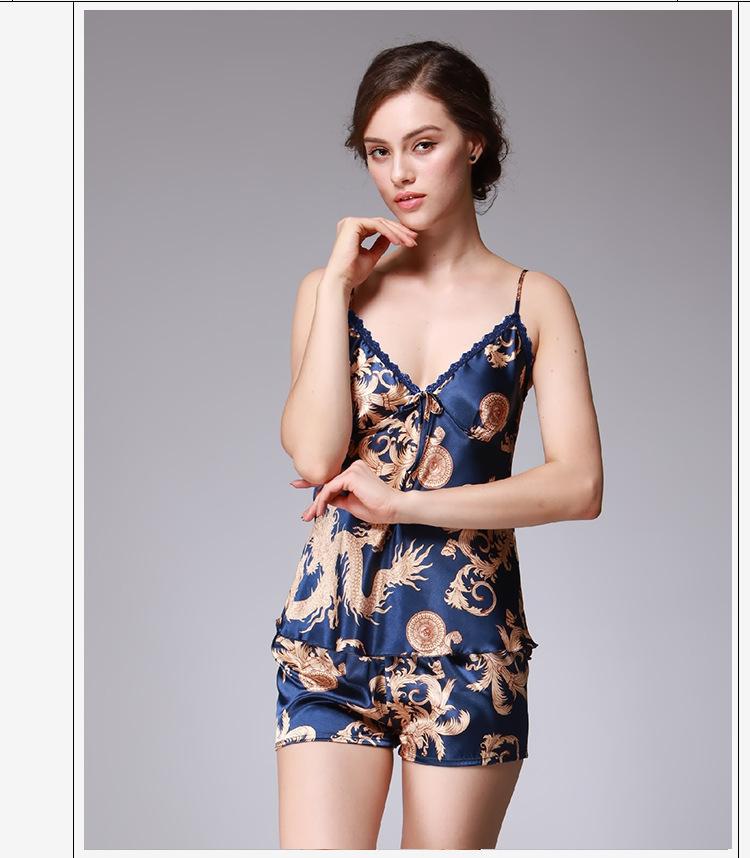 Ice Silk Pajamas Dragon Pattern Summer Silk Sleeping Skirts Women'S Suspenders Shorts Two Suit Pendant Home Clothes