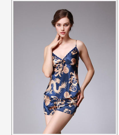 Ice Silk Pajamas Dragon Pattern Summer Silk Sleeping Skirts Women'S Suspenders Shorts Two Suit Pendant Home Clothes