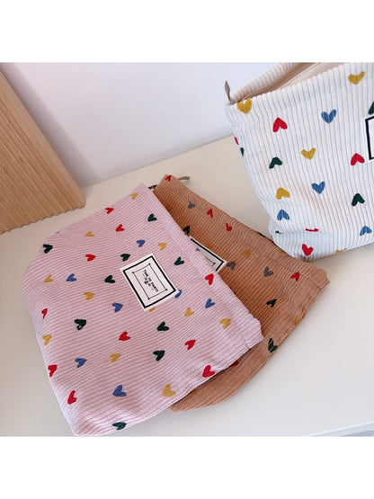 Cosbai - Corduroy Zippered Makeup Pouch with Heart-shaped Patterns