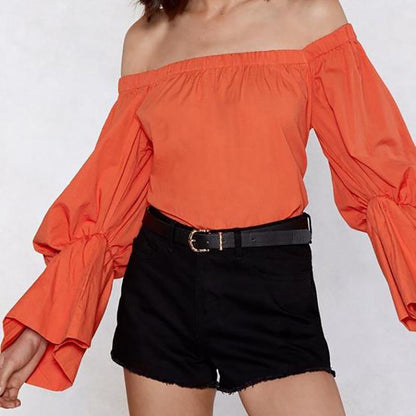 Bohemian Off-The-Shoulder Lantern Sleeves Solid Color Top